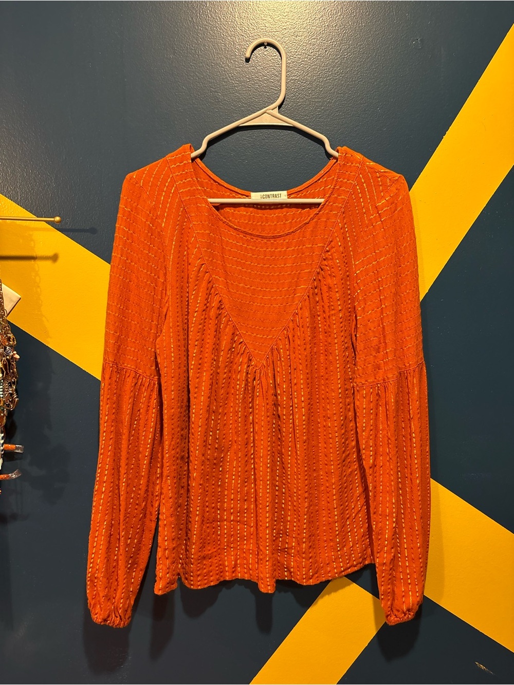 Anthropologie Self Contrast Orange & Gold Long Sleeve Flowy Blouse NWOT